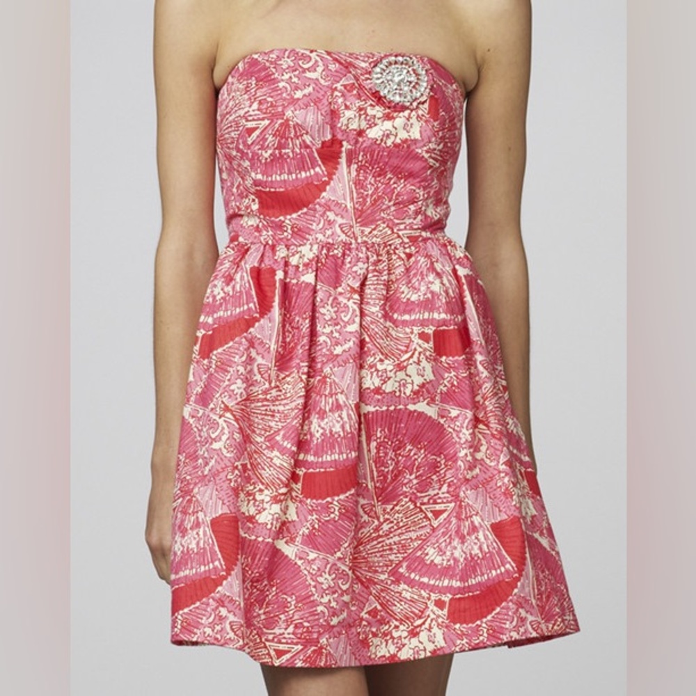 LILLY PULITZER PINK METALLIC SARI GETTING HOT IN HERE STRAPLESS DRESS SZ 8